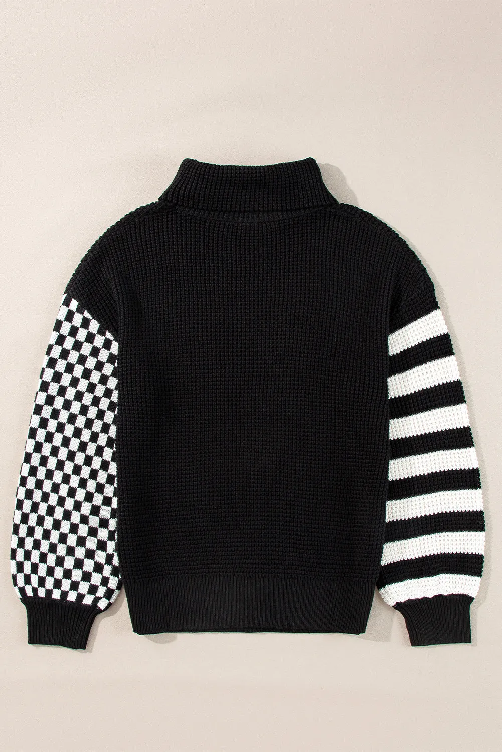 Black Striped Plaid Patchwork Waffle Knit Turtleneck Sweater