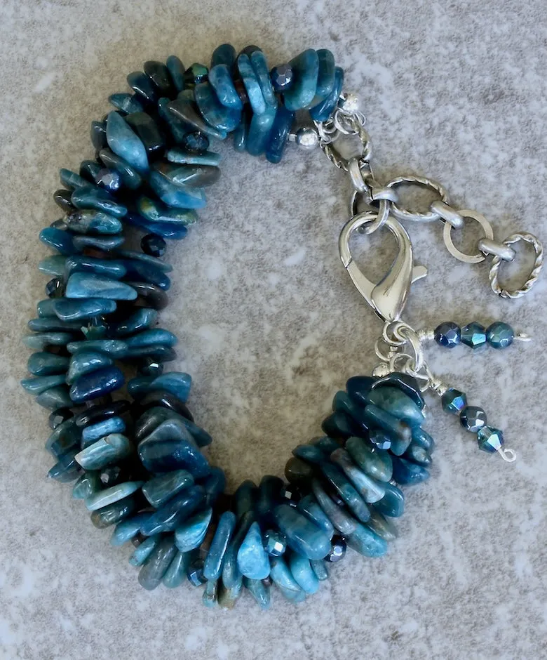 Blue Apatite Nugget 3-Strand Bracelet with Czech Glass and Sterling Silver Lobster Clasp & Extension Chain