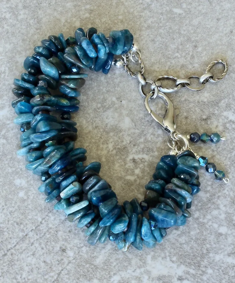 Blue Apatite Nugget 3-Strand Bracelet with Czech Glass and Sterling Silver Lobster Clasp & Extension Chain