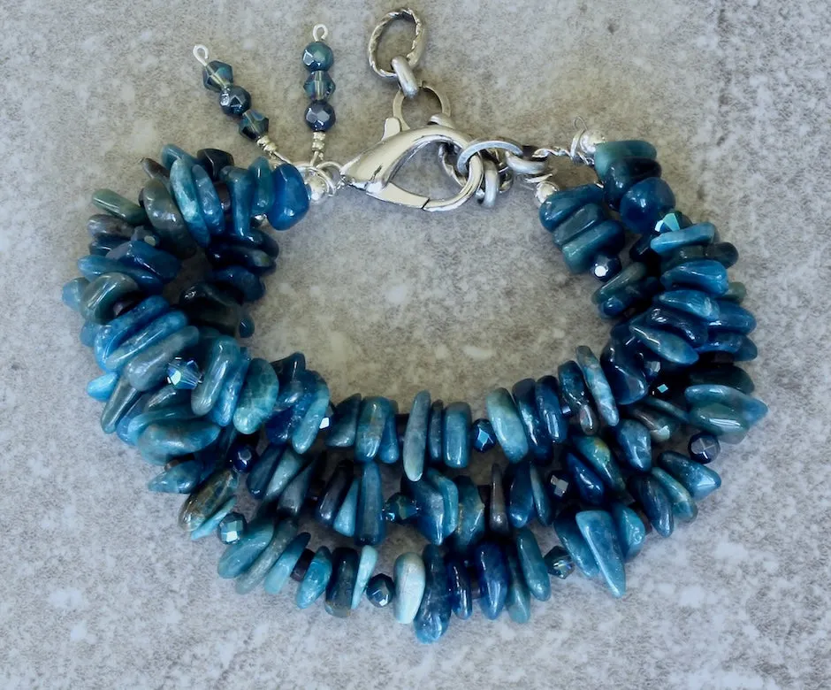 Blue Apatite Nugget 3-Strand Bracelet with Czech Glass and Sterling Silver Lobster Clasp & Extension Chain