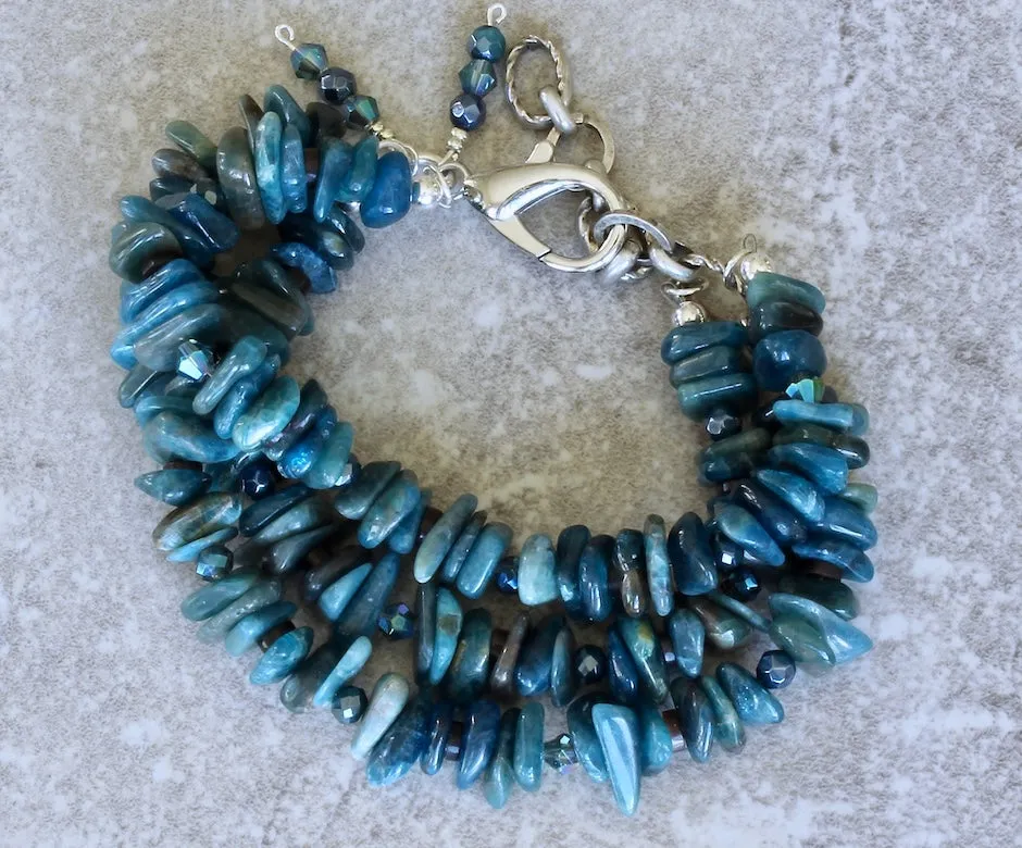 Blue Apatite Nugget 3-Strand Bracelet with Czech Glass and Sterling Silver Lobster Clasp & Extension Chain