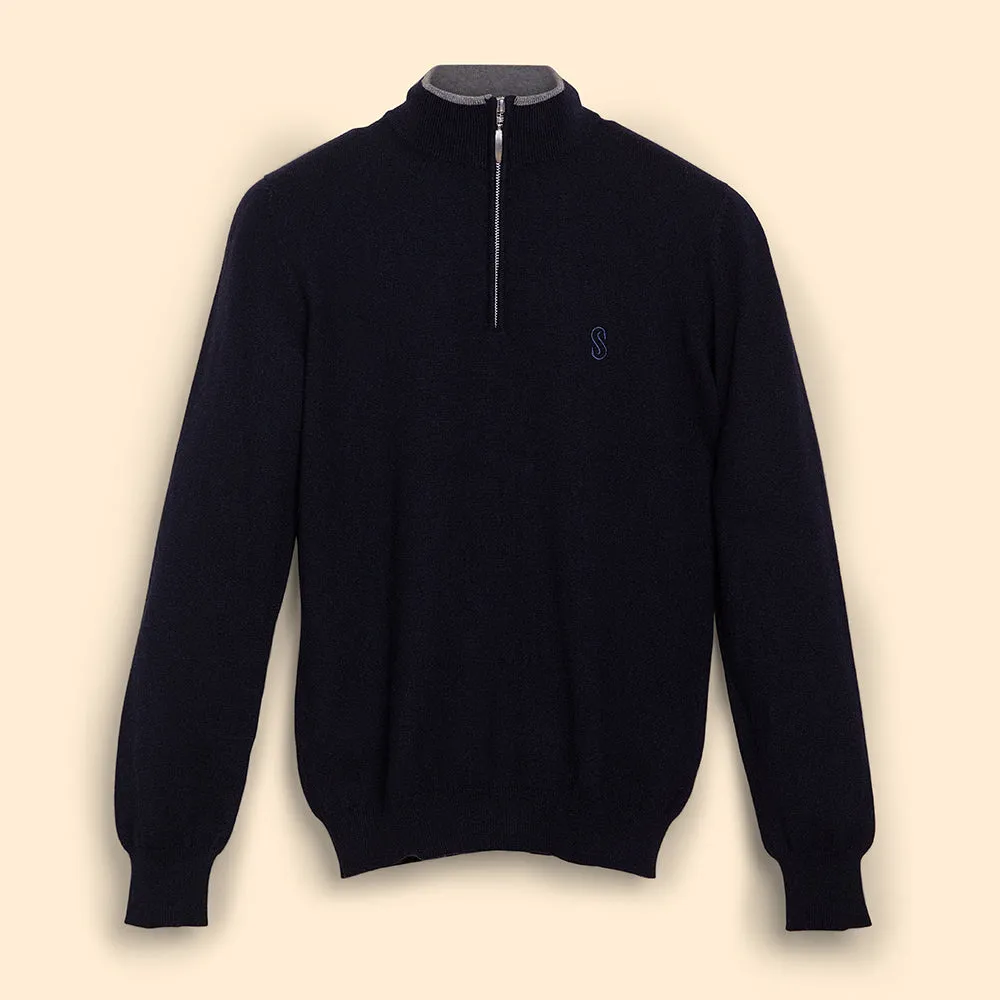 Blue cashmere half zipper pullover Man