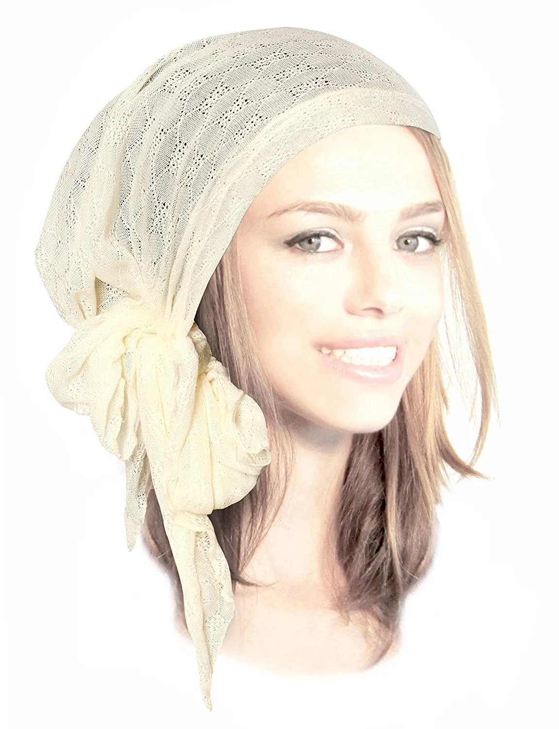 Boho Chic Pre-tied Head-Scarf Tichel Textured Breathable Knit Collection ShariRose (Cream long - sk04)