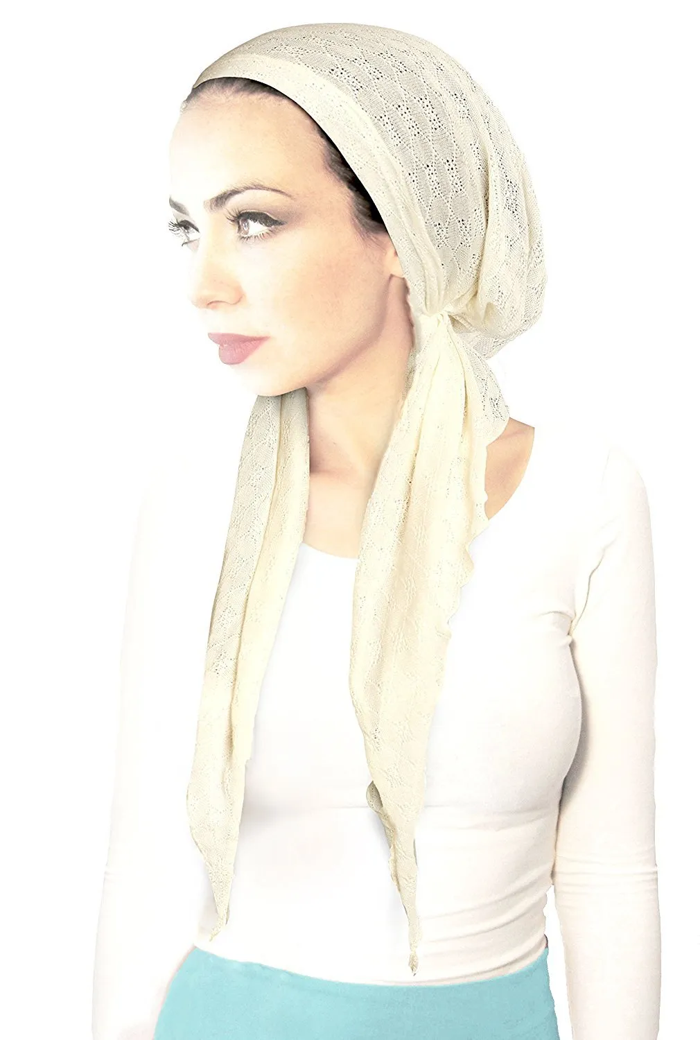 Boho Chic Pre-tied Head-Scarf Tichel Textured Breathable Knit Collection ShariRose (Cream long - sk04)