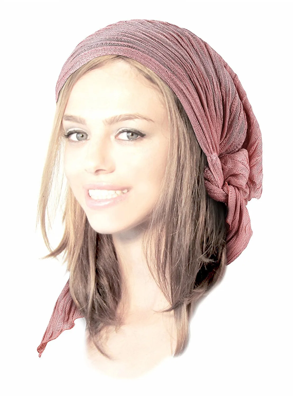 Boho Chic Pre-tied Head-Scarf Tichel Textured Knit Collection ShariRose (Champagne pink shimmer long - 407)