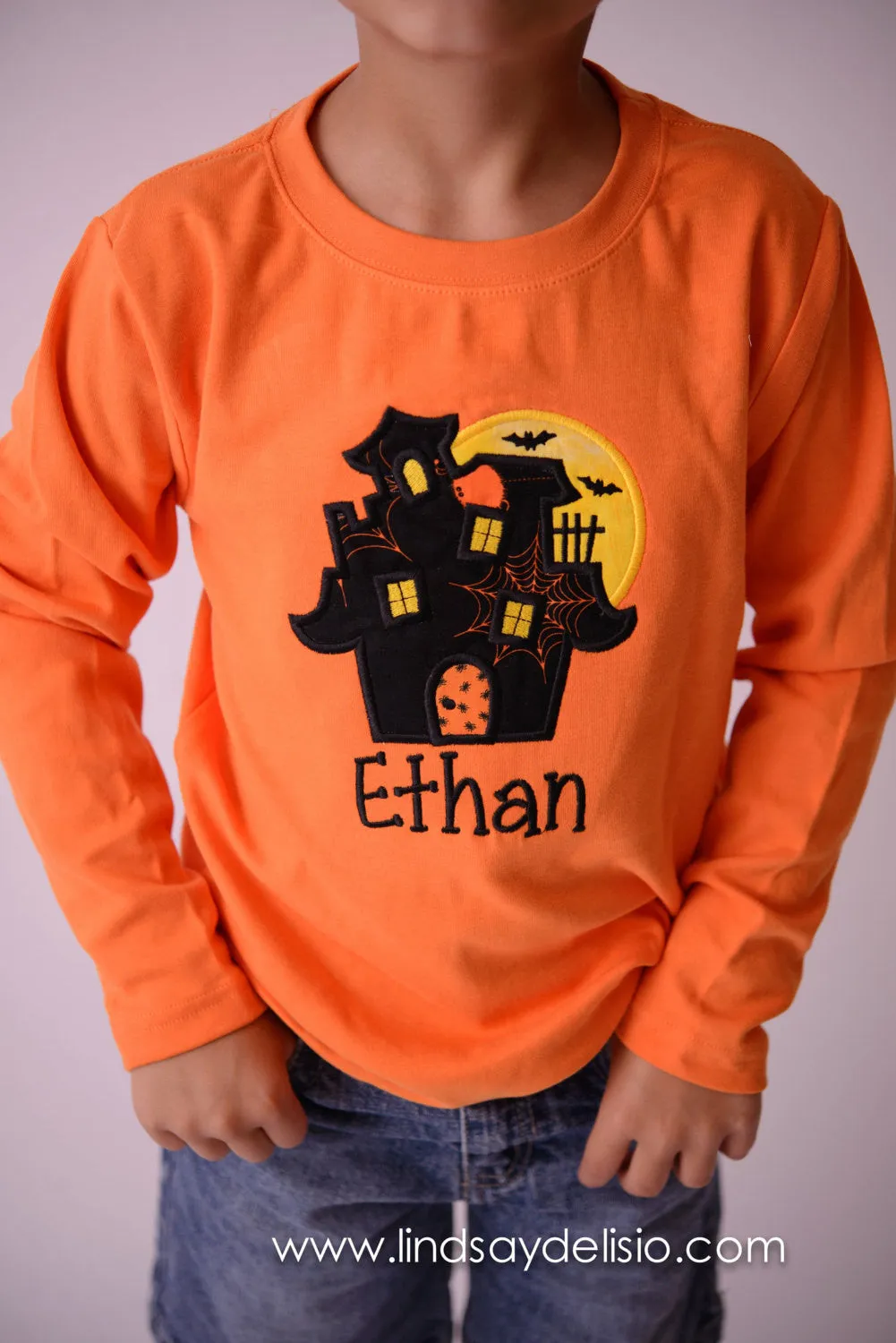 Boys Halloween shirt or bodysuit - haunted house with moon and bats- boys shirt or bodysuit personalized