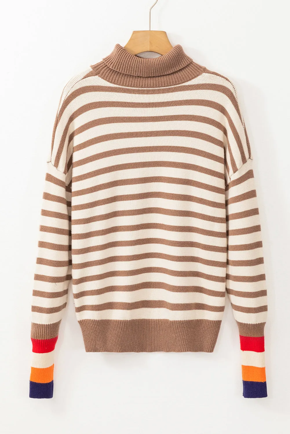 Brown Stripe Colorblock Bishop Sleeve Turtleneck Sweater