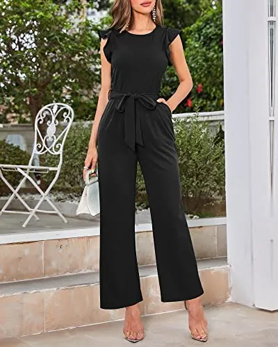 BTFBM Women Jumpsuits Crew Neck Ruffle Cap Sleeve Belted High Waist Wide Leg Romper with Pockets One Piece Casual Outfits(Solid Black, X-Large)