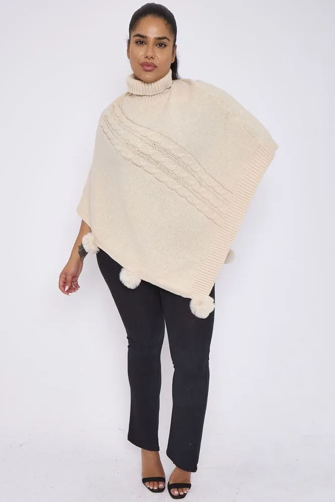 Cable Knit Strip Pom-Pom Poncho