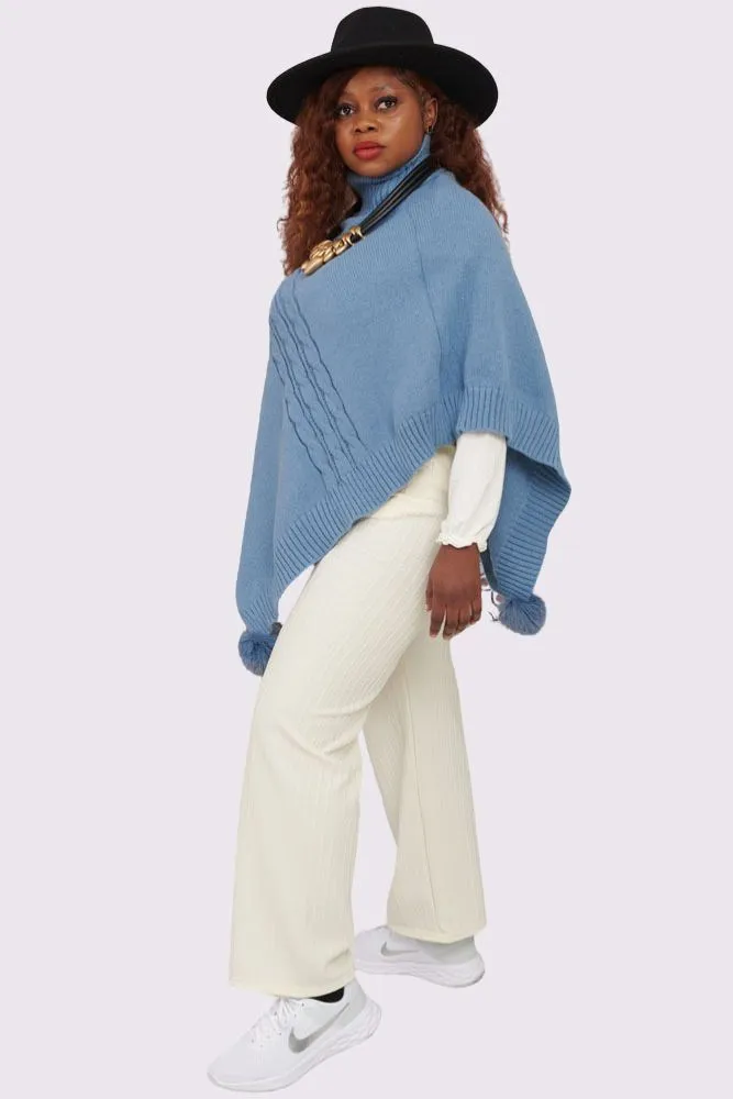 Cable Knit Strip Pom-Pom Poncho