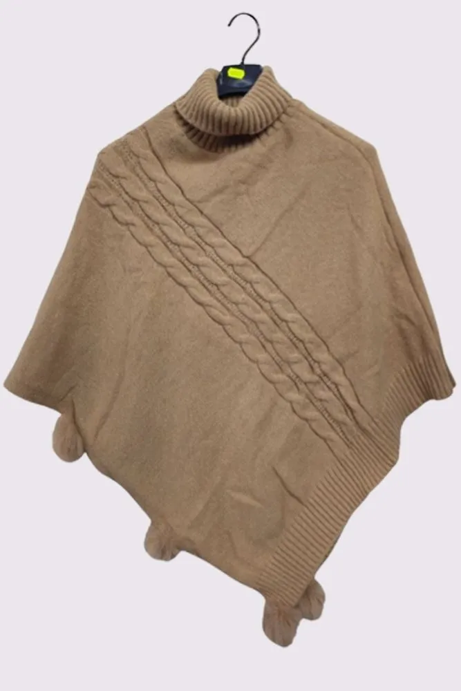 Cable Knit Strip Pom-Pom Poncho