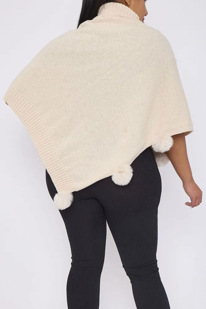 Cable Knit Strip Pom-Pom Poncho