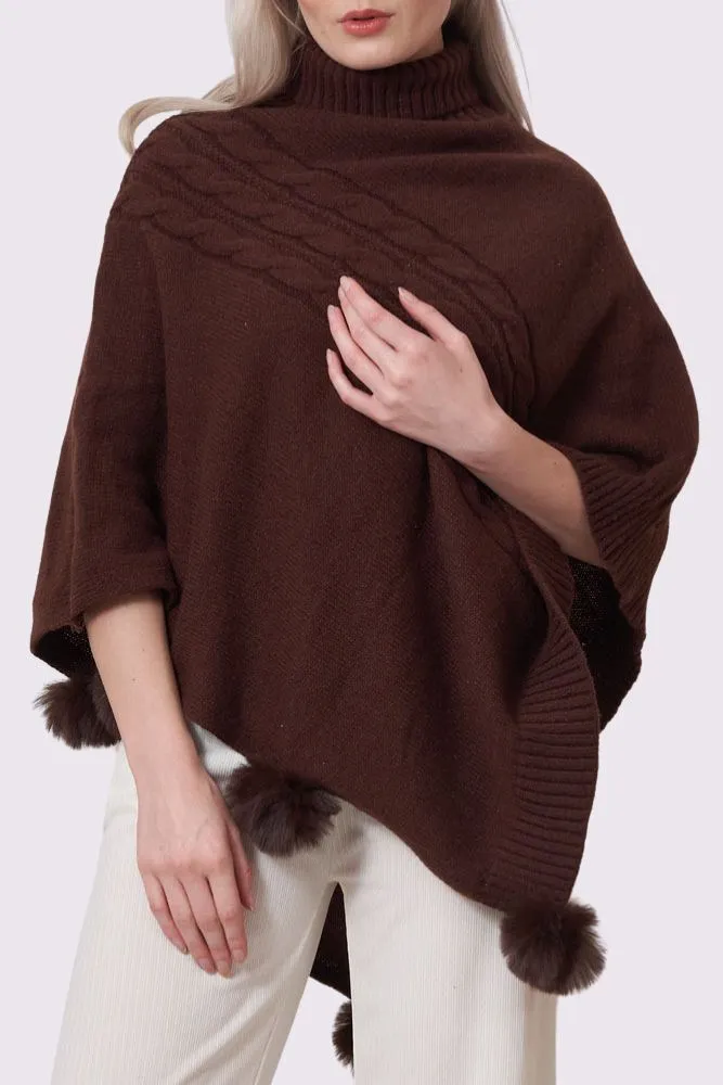 Cable Knit Strip Pom-Pom Poncho