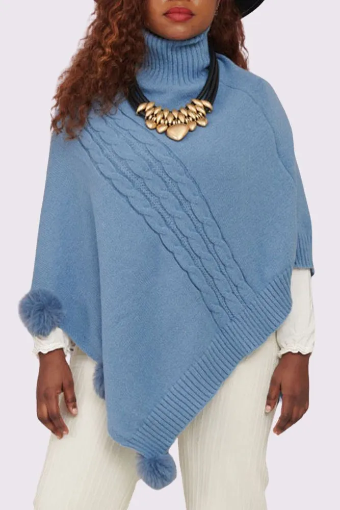 Cable Knit Strip Pom-Pom Poncho