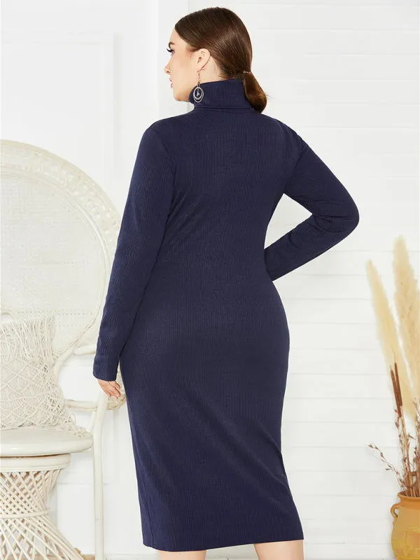 Chic Solid Color Long Sleeve Knit Plus Size Turtleneck Dresses