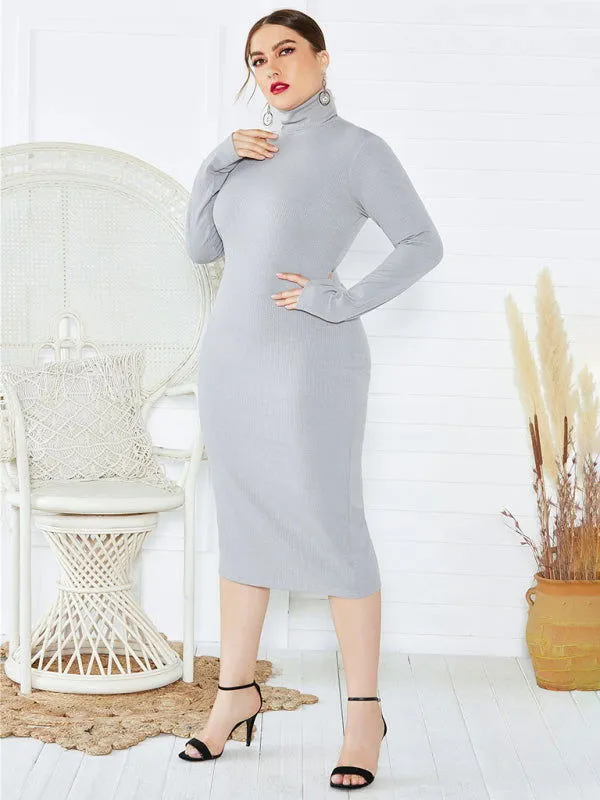 Chic Solid Color Long Sleeve Knit Plus Size Turtleneck Dresses