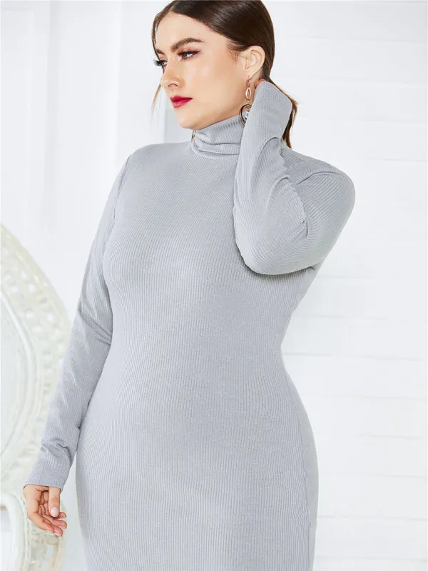 Chic Solid Color Long Sleeve Knit Plus Size Turtleneck Dresses