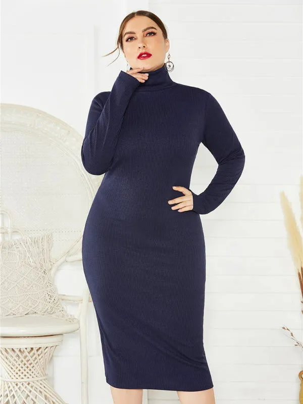 Chic Solid Color Long Sleeve Knit Plus Size Turtleneck Dresses