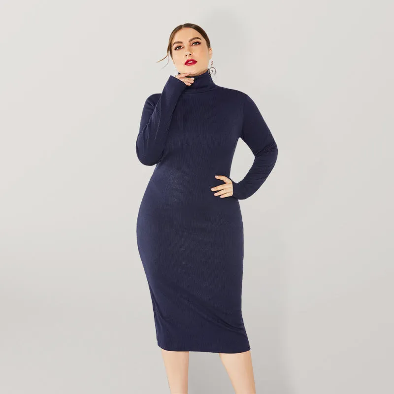 Chic Solid Color Long Sleeve Knit Plus Size Turtleneck Dresses