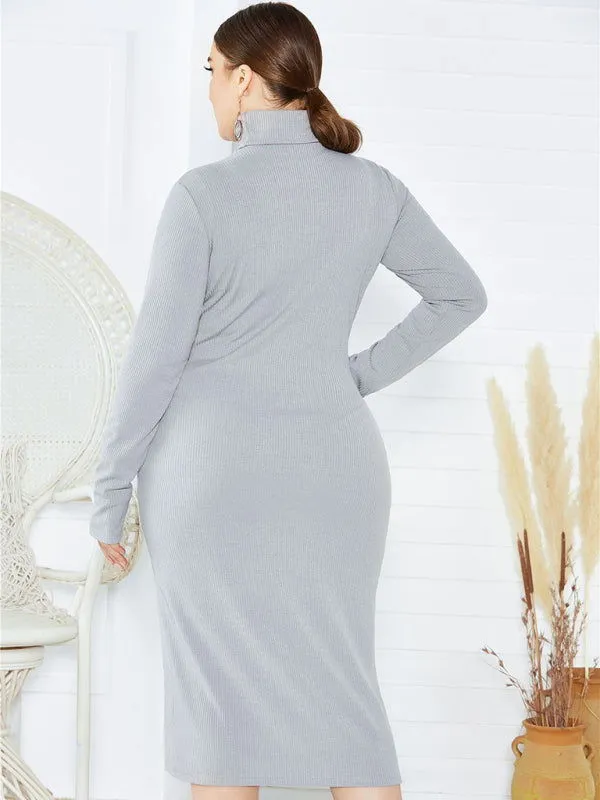 Chic Solid Color Long Sleeve Knit Plus Size Turtleneck Dresses