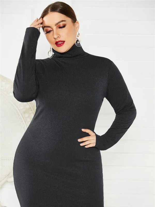 Chic Solid Color Long Sleeve Knit Plus Size Turtleneck Dresses