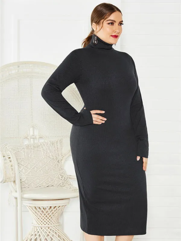 Chic Solid Color Long Sleeve Knit Plus Size Turtleneck Dresses