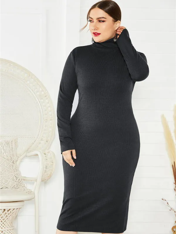 Chic Solid Color Long Sleeve Knit Plus Size Turtleneck Dresses