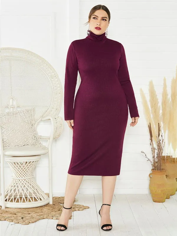 Chic Solid Color Long Sleeve Knit Plus Size Turtleneck Dresses