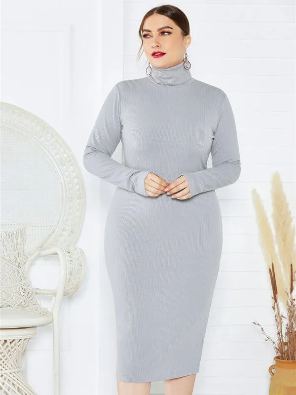 Chic Solid Color Long Sleeve Knit Plus Size Turtleneck Dresses