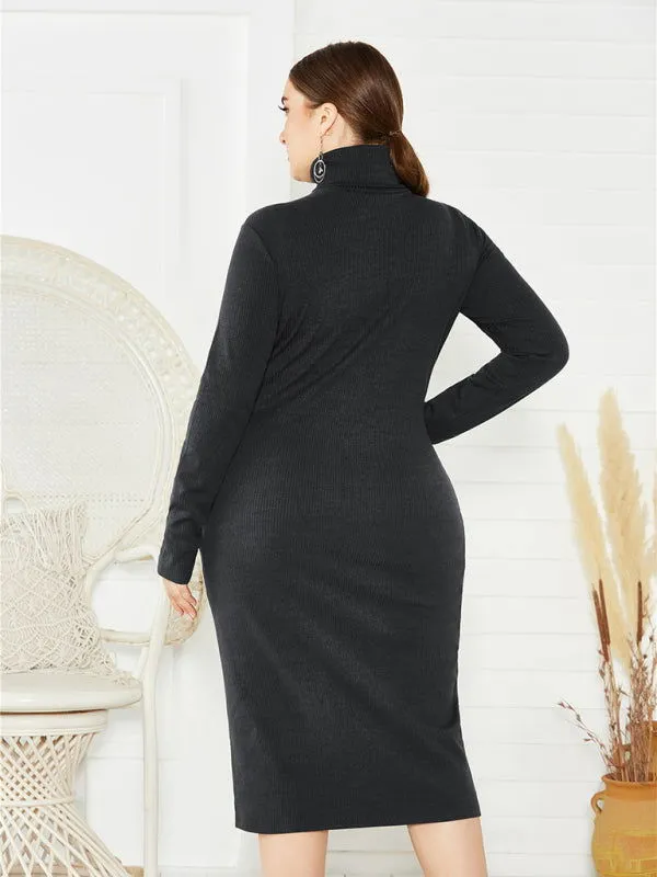 Chic Solid Color Long Sleeve Knit Plus Size Turtleneck Dresses