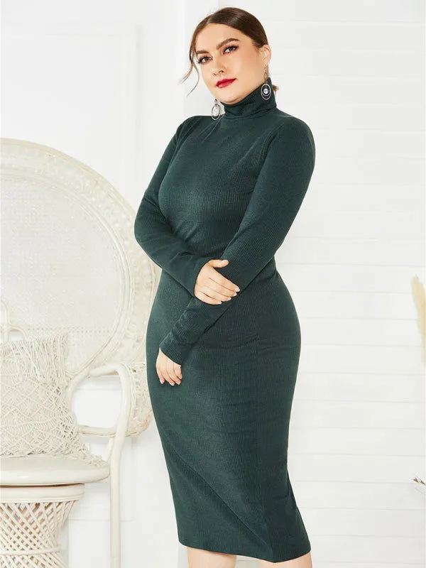 Chic Solid Color Long Sleeve Knit Plus Size Turtleneck Dresses