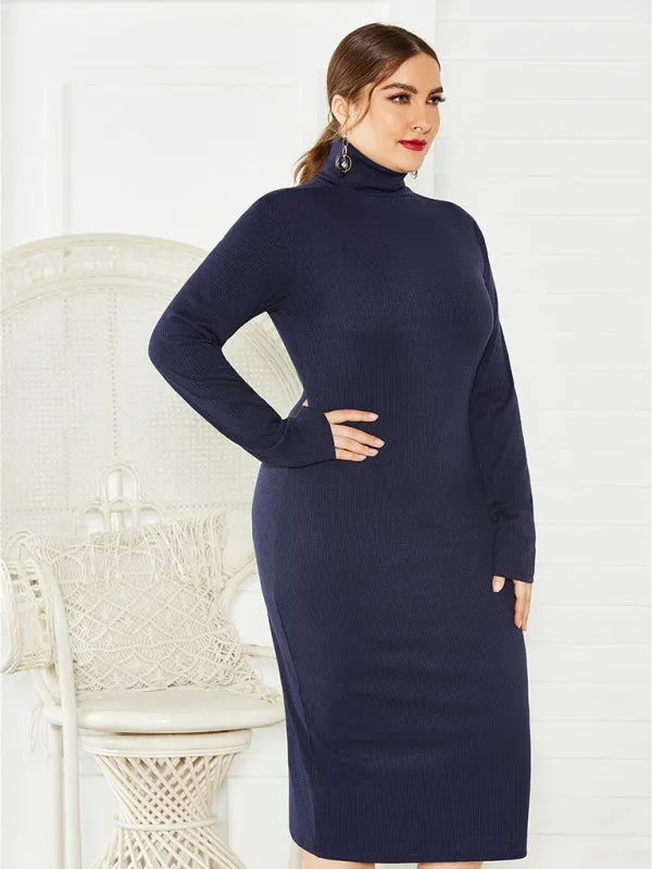 Chic Solid Color Long Sleeve Knit Plus Size Turtleneck Dresses