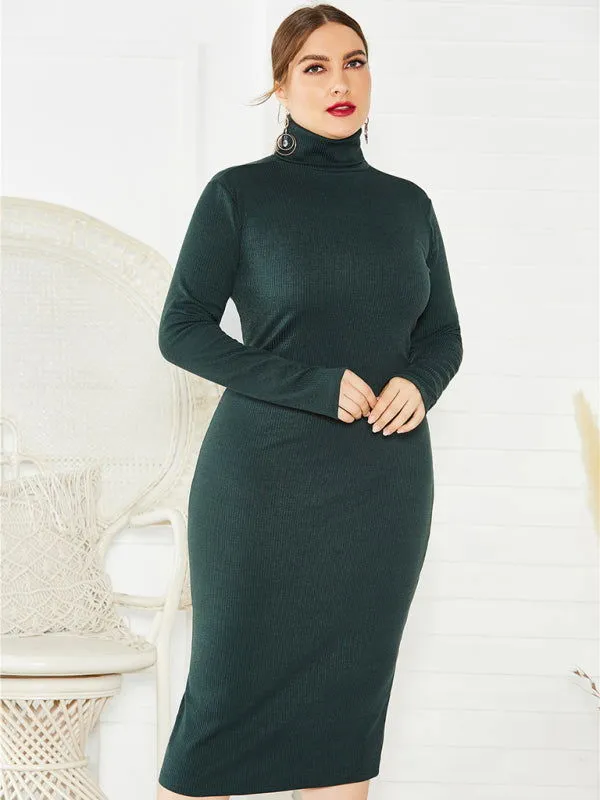 Chic Solid Color Long Sleeve Knit Plus Size Turtleneck Dresses