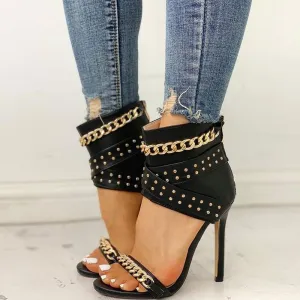 Chic Studs Trim Chain Strap High Heeled Cut Out Sandals - Black