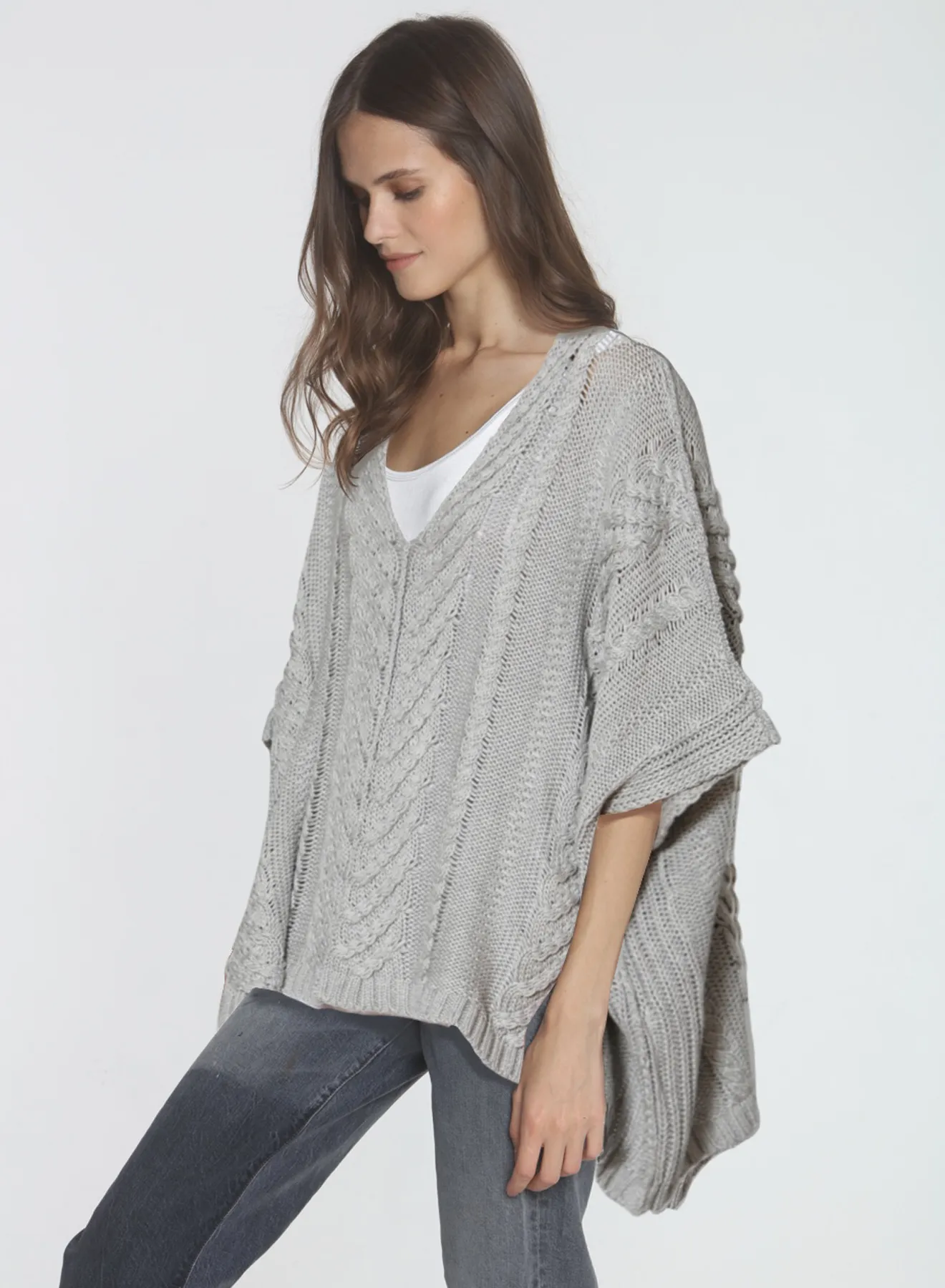 Chloe Cable Poncho - Grey