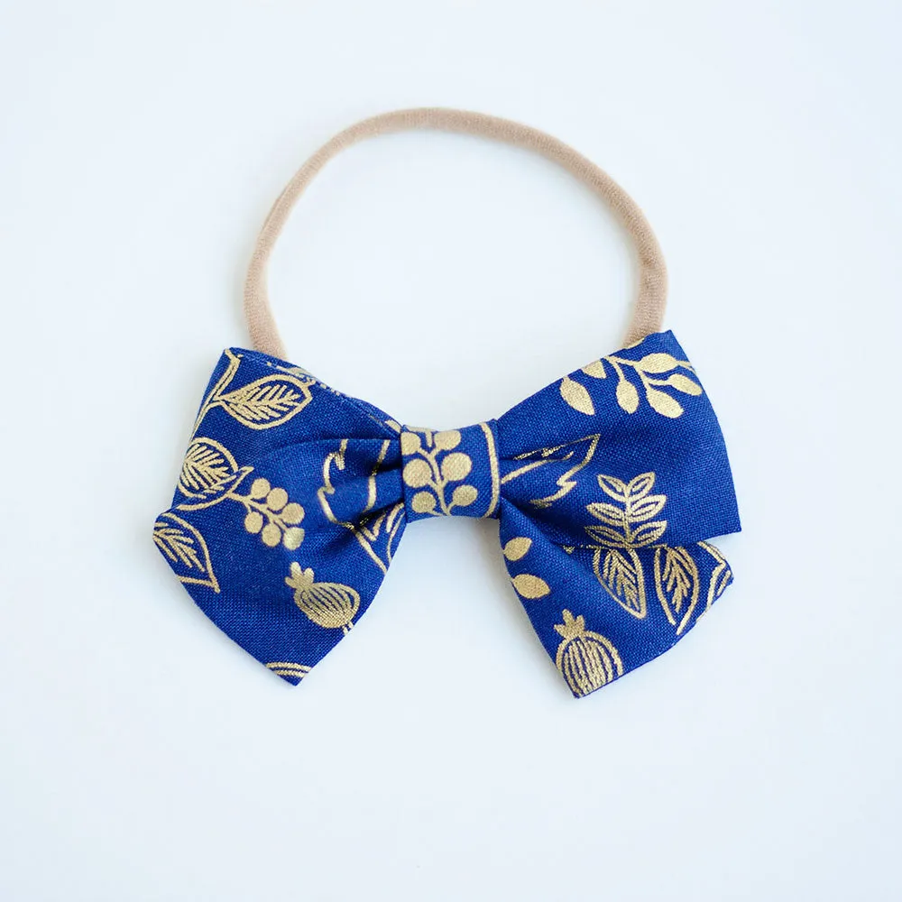 Classic Hair Bow Clip Or Headband / Queen Anne In Navy And Metallic Gold