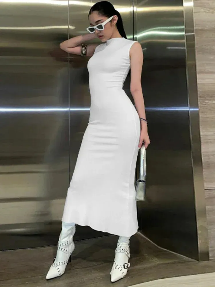 Clean Fit White Dresses Womens Summer Elegant Basics Ribbed Knit Sleeveless Bodycon Long Maxi Dress C70-BF32