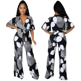 Cleavage Flare Sleeve straight One-Piece Jumpsuit