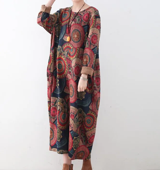 Cotton Floral Loose Cotton Knit Long Dresses Plus Size AMT962328