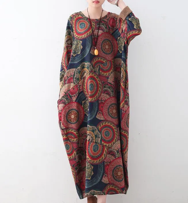 Cotton Floral Loose Cotton Knit Long Dresses Plus Size AMT962328