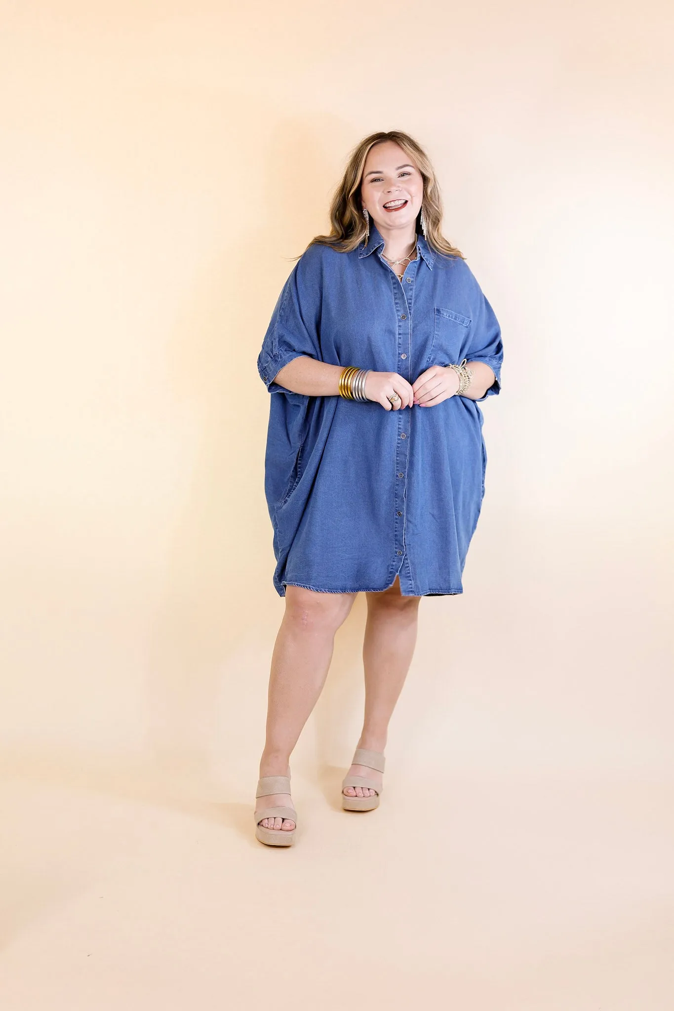 Cozy And Kind Button Up Denim Dress with Collar