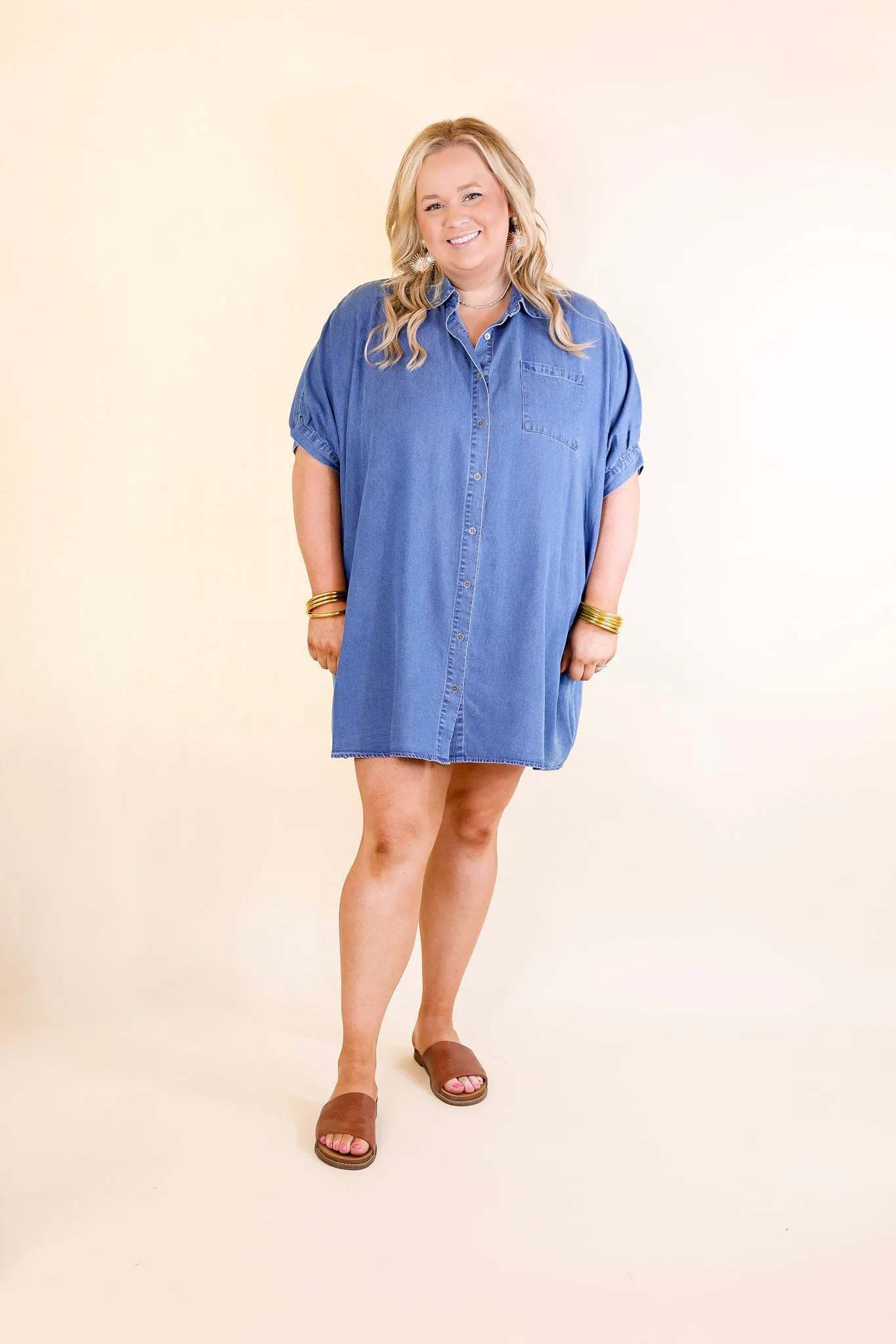 Cozy And Kind Button Up Denim Dress with Collar