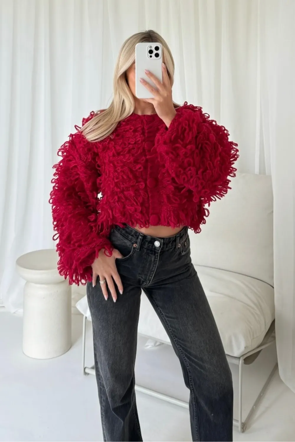 Daisy red shaggy knit cardigan