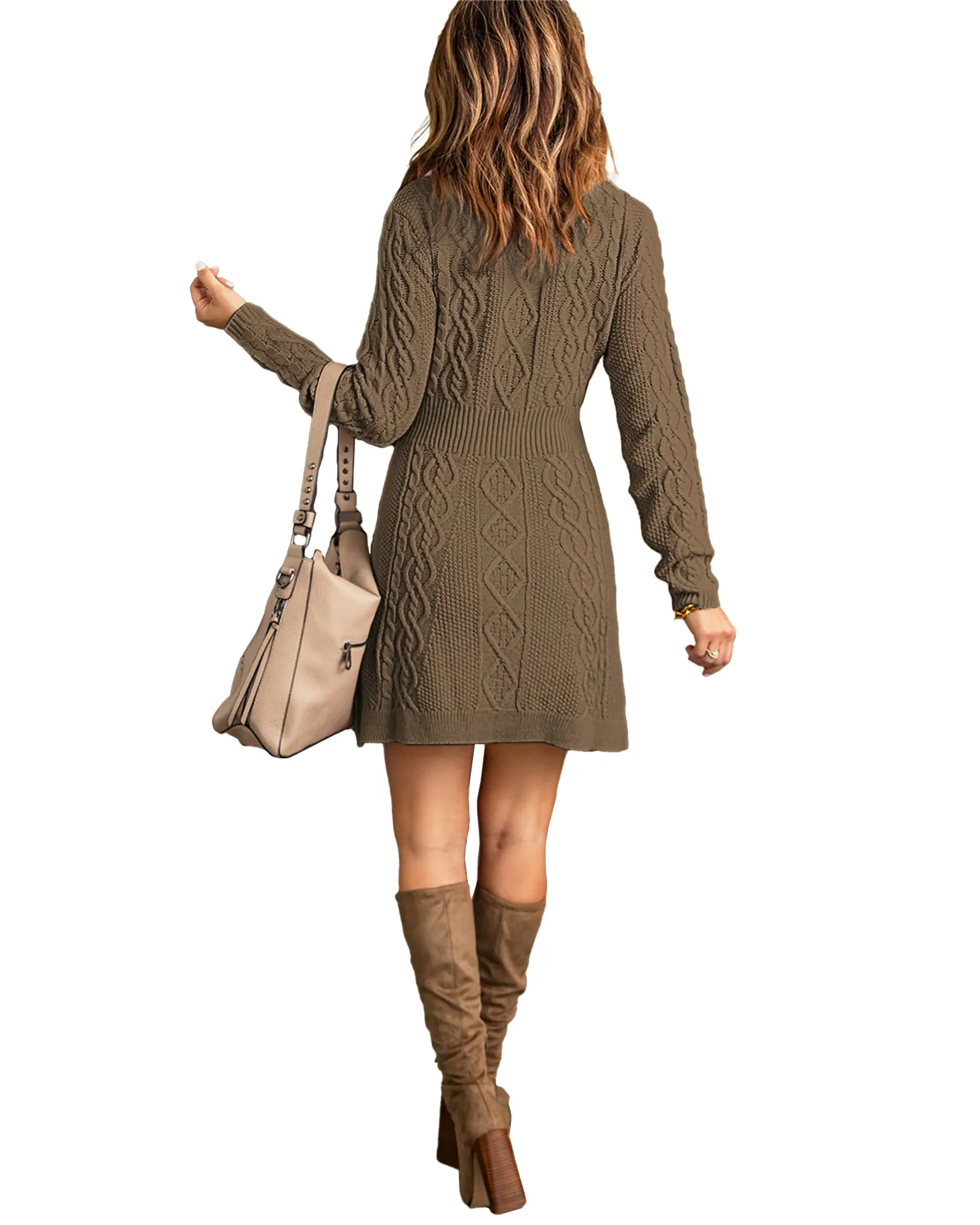 Dark Grey Women Casual A-line Knit Long Sleeve Pullover Sweater Short Dress.