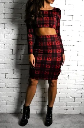 Directional Tartan Pencil Skirt - Red Tartan