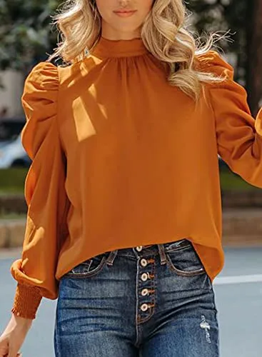 Dokotoo Womens Ladies Elegant Puff Long Sleeve High Neck Fall Summer Tops Turtleneck Chiffon Office Work Shirts and Blouses for Women Casual Loose Shirts Orange Medium