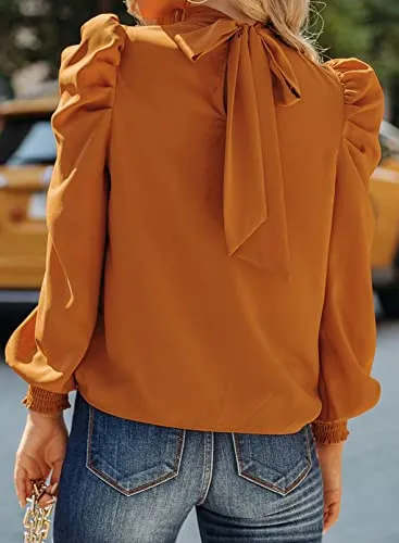 Dokotoo Womens Ladies Elegant Puff Long Sleeve High Neck Fall Summer Tops Turtleneck Chiffon Office Work Shirts and Blouses for Women Casual Loose Shirts Orange Medium