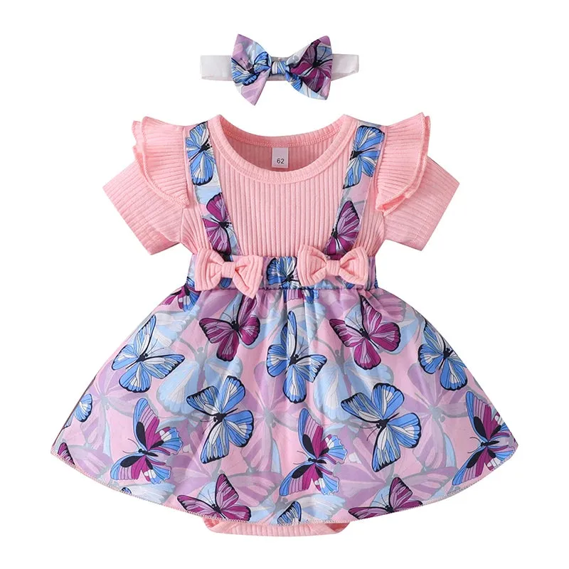 Dress For Kids 3 to 18 Months Short Sleeve Purple butterfly Princess Formal Romper Dresses Ootd For Newborn Baby Girl