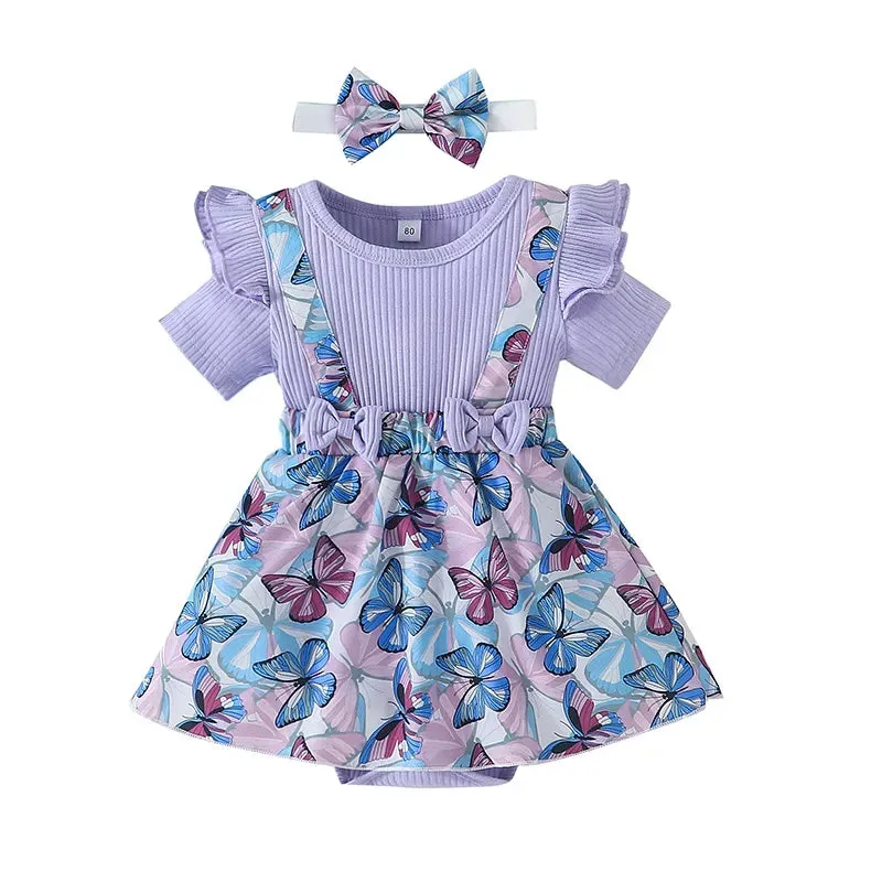 Dress For Kids 3 to 18 Months Short Sleeve Purple butterfly Princess Formal Romper Dresses Ootd For Newborn Baby Girl