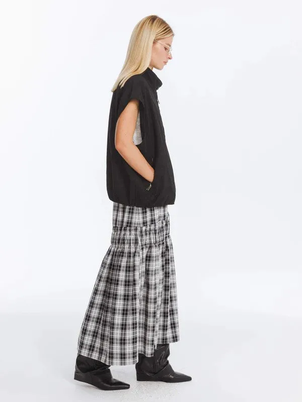 Elastic Draw String High Waist Checked Skirt in Black